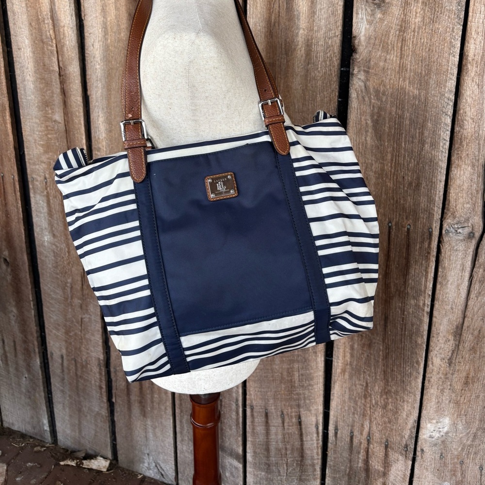 Lauren‎ Ralph Lauren Navy Stripe Tote Bag Nylon Leather Straps Nautical Large